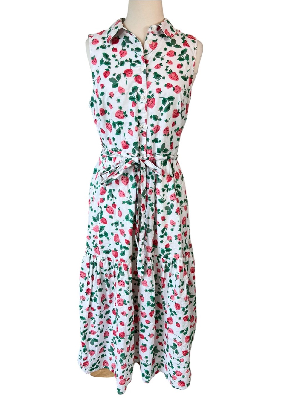 J Crew Factory Strawberry Print Collared Sleeveless Midi Dress